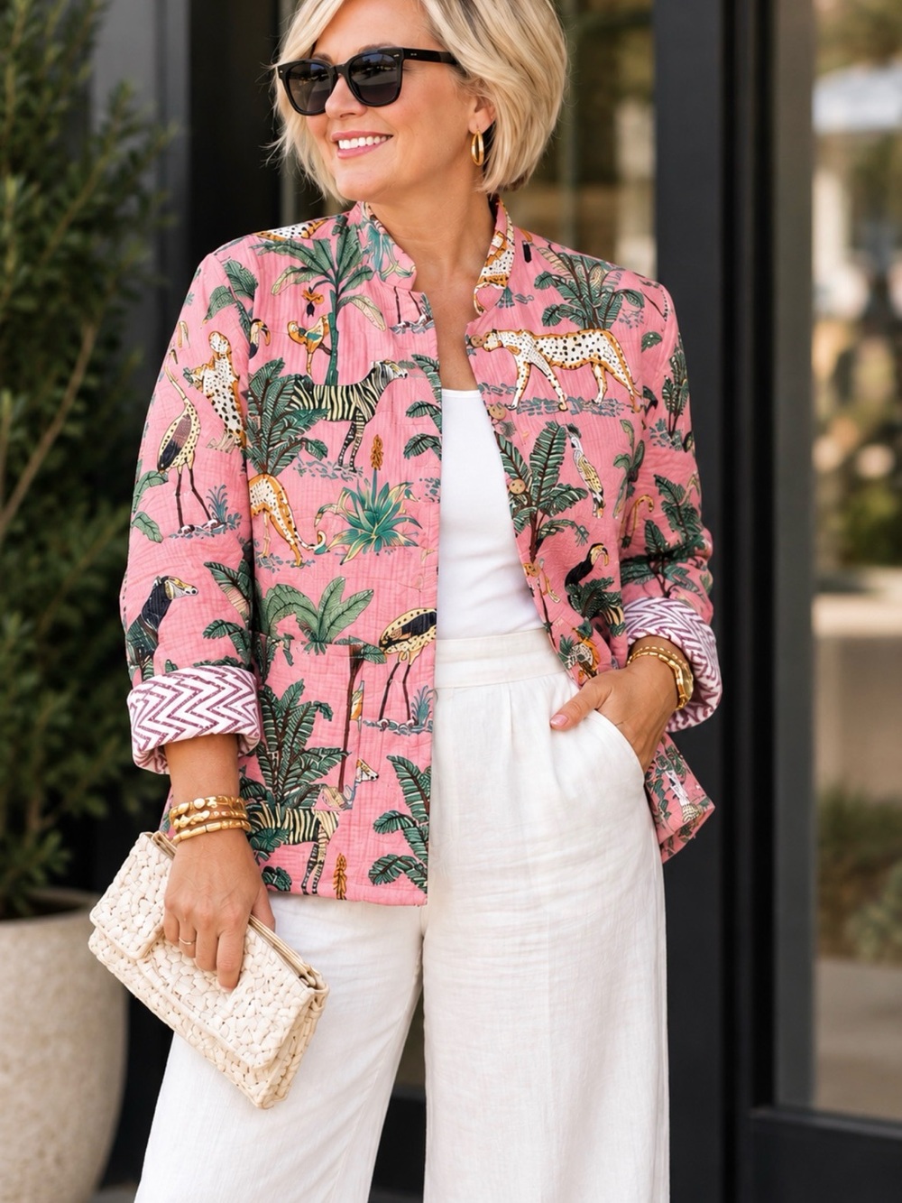 Artsy Cotton Safari Sz 14/16 Reversible Pink Tropical Jungle Print Women Jacket - Picture 2 of 6